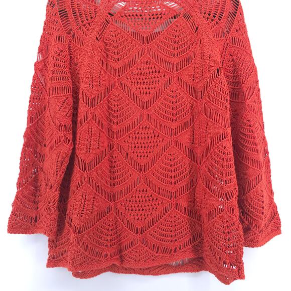 CHICOS Boho Orange Open Lace Knit Art Deco Sweater Cropped Sleeves 2 (12/14) - Picture 12 of 13